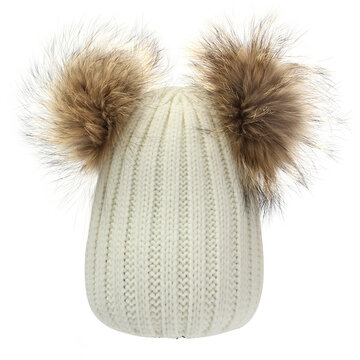 Women Winter Fur Hat Double Pom Beanie Hat Knit Beanie Bobble Ski Cap