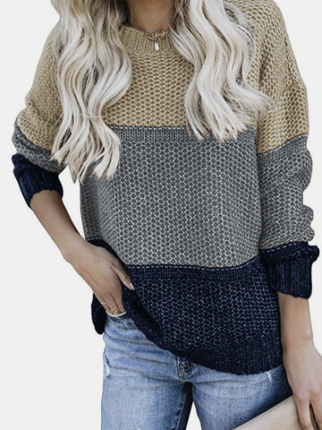 Women Contrast Color Patchwork Casual Sweater