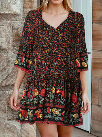 Bohemian Allover Floral Print Dress