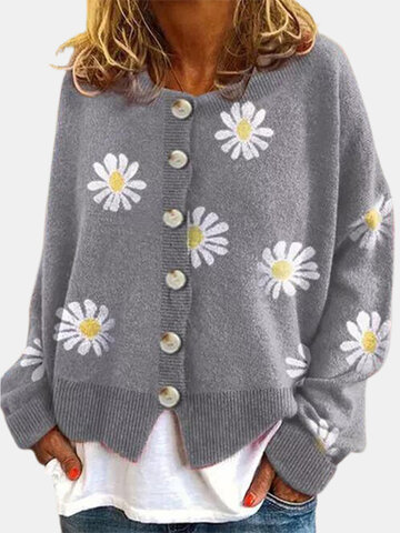 Women's Daisy Print Knit Button Plus Size Cardigan