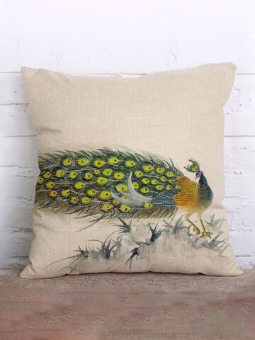 Peacock Pattern Cotton Linen Cushion Cover