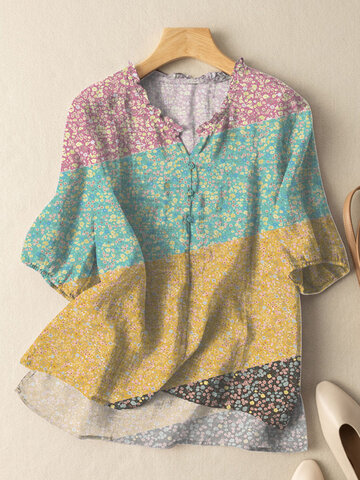 Ditsy Floral Patchwork Frill Neck Blouse