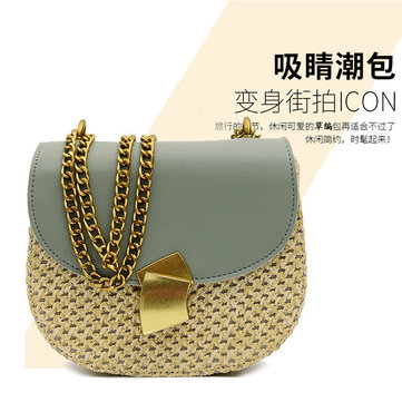 New New Fashion Straw Saddle Bag Pu Hit Color Semi-circle Diagonal Shoulder Retro Small Bag Female