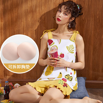 

Sling Pajamas Women's Cotton Two-piece Suit Short-sleeved Shorts With Chest Pad Sexy Thin Section Girls Day Home Service, White