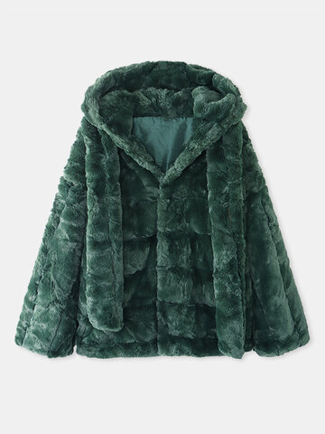 Solid Color Faux Fur Hooded Coat