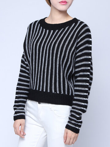 Women Long Sleeve Black White Stripe Knitted Sweater