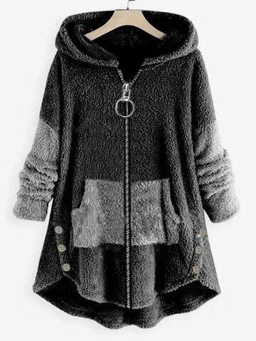 Плюшевое пальто контрастного цвета с карманом на молнии