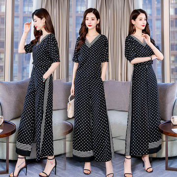 

Fashion And Leisure Two-piece Season Women's New Temperament Wave Point Was Thin High Waist Wide Fashion Casual Set