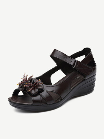 Peep Toe Flower Leather Wedges Sandals