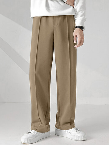 Pleated Solid Casual Straight Pants