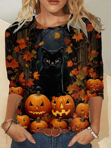 Funny Pumpkin Cat Halloween T-Shirt