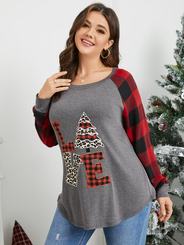 Letter Plaid Graphic Christmas Long Sleeves Tee