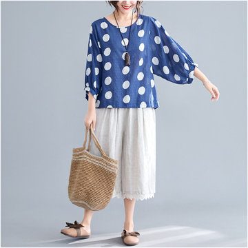 

New Literary Cotton And Linen Printed Seven-point Sleeve Shirt Fat Mm Was Thin And Comfortable Round Neck Shirt