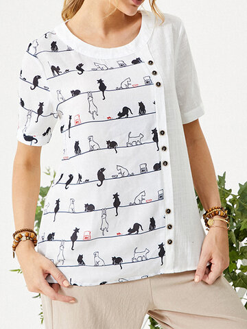 Cartoon Cat Print T-shirt
