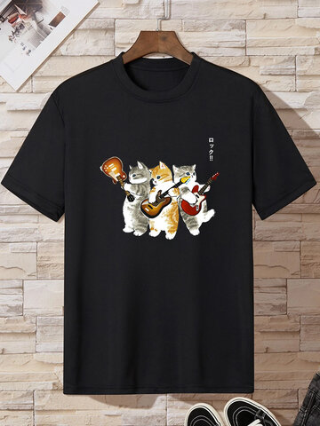 Japanese Cat Guitar Print T-Shirts