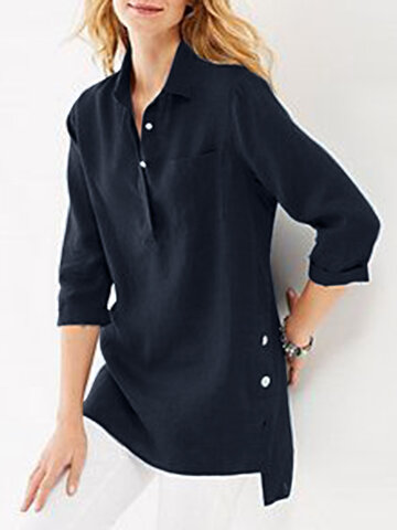 Solid High-low Pocket Blouse