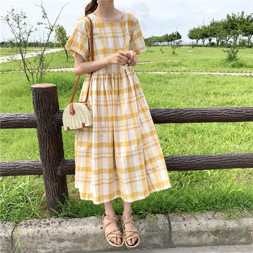 

Factory Price Season New Girl Temperament Bellflower Simple Lattice Loose Short-sleeved Tutu Dress