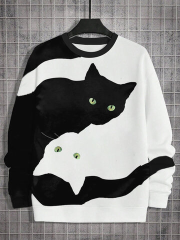 Contrast Cat Print Sweatshirts