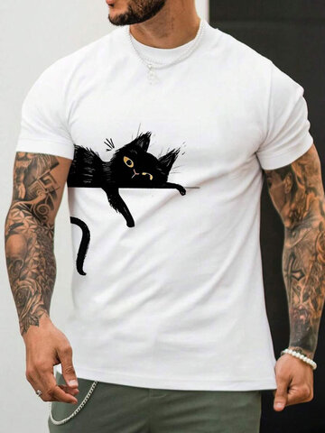 漫画の猫の側面プリント T シャツ