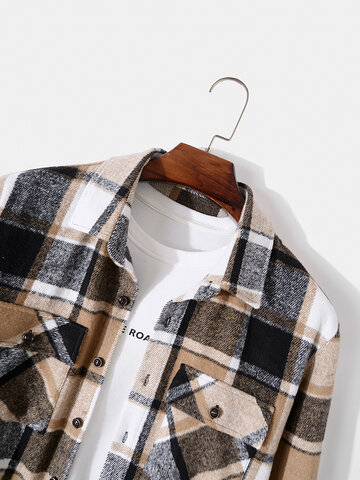 Men’s Check Plaid Lapel Button Up Casual Tweed Shirt Jacket