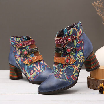 Flowers Embroidery Splicing Genuine Leather Ankle Boots