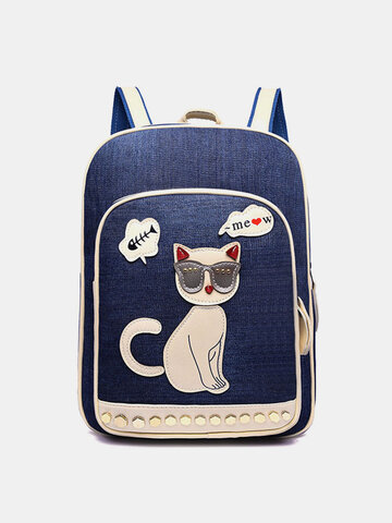 Women Canvas Cute Cat Print Patchwork Casual Backpack