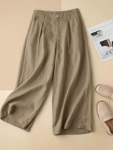 Solid Pleated Cotton Casual Pants