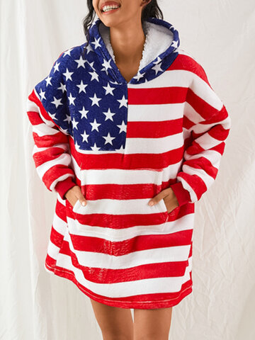 American Flag Print Flannel Blanket Hoodie
