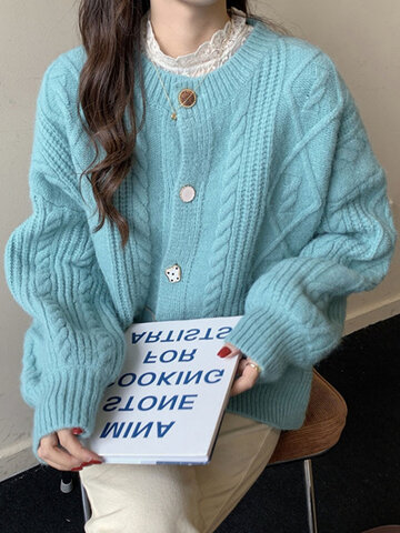 Solid Cable Knit Button Cardigan