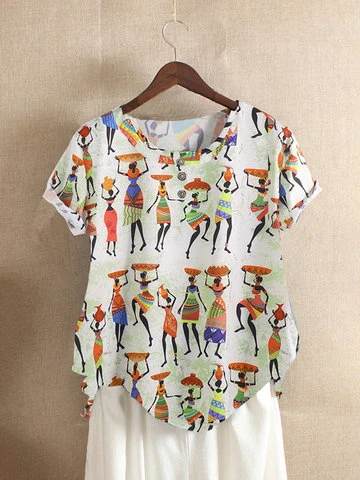 Folk Style Print Short Sleeve Summer T-shirt For Women
