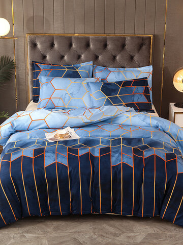 2/3Pcs Geometric Bedding Set Blue Golden Duvet Cover Sets Polyester Bed Cover Pillowcase Queen King Size