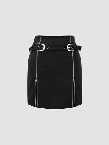 Solid Double Zip Belt Mini Skirt