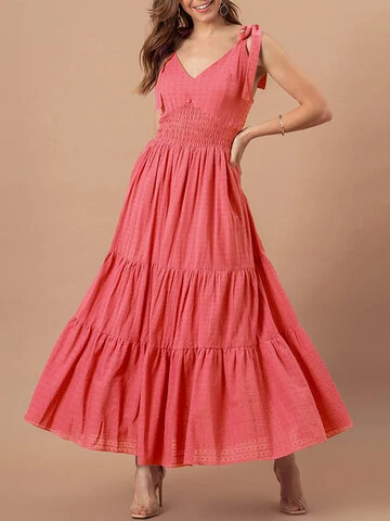 Tiered Solid Smocked Waist Swing Dress