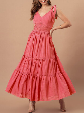 Tiered Solid Tie Strap Smocked Dress