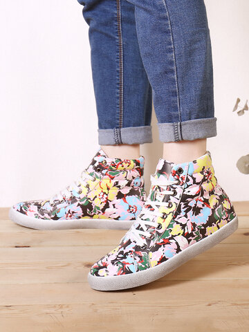 SOCOFY Dark Color Prosperous Flowers Printed Casual Sneakers Skate Shoes