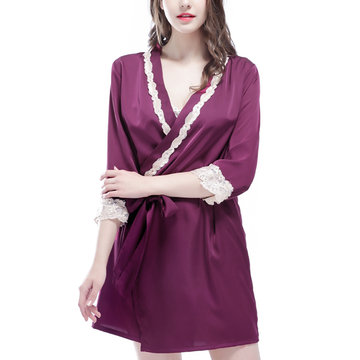 

Crocheted Kimono Bowknot Nightwear Gowns, Red purple black blue champagne
