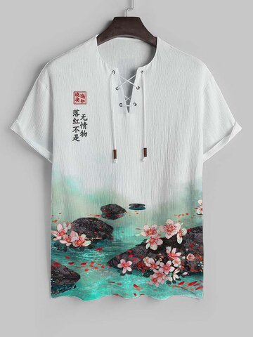 T-shirt con lacci con paesaggio floreale
