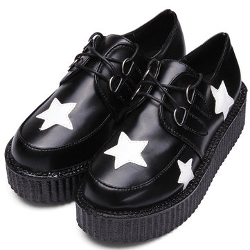 

Retro Black Five Ponited Star Platform Lace Up Round Toe Flat Shoes