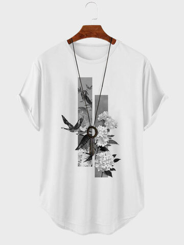 T-shirt con stampa floreale di uccelli