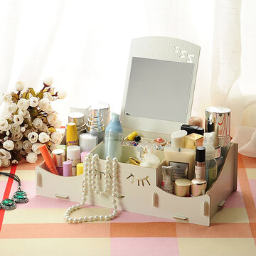  Conteneur de stockage de bureau de boîte de rangement cosmétique en bois de bricolage créatif avec le miroir 