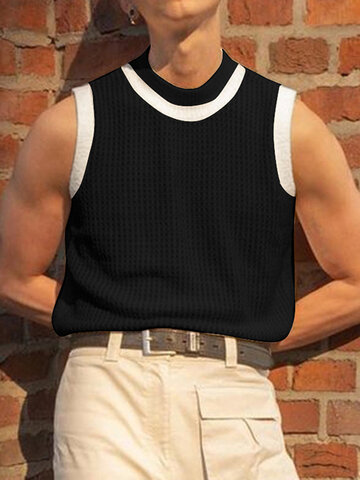 Mens Knitted Grid Color Block Tank Top