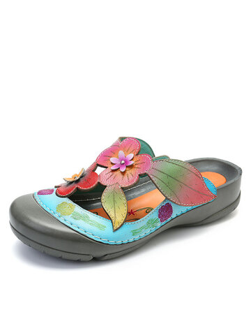 Sandales à fleurs rétro en cuir avec coutures