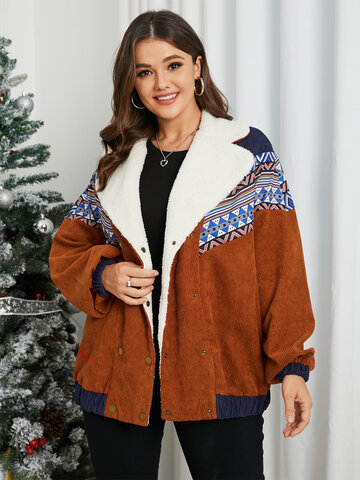 Notch Collar Tribal Patchwork Long Sleeves Coat