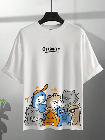 Cartoon Dinosaur Letter Print T-Shirts