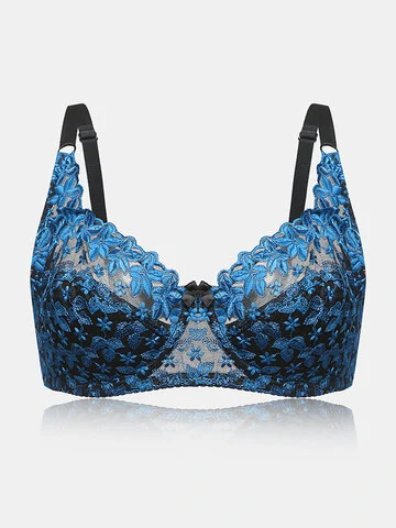Women Floral Embroidered Underwire Gather See Through Lightly Lined Bra 