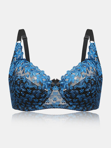 Floral Embroidered Gather See Through Bra
