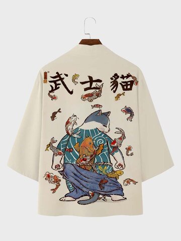Kimono con stampa carpa gatto guerriero