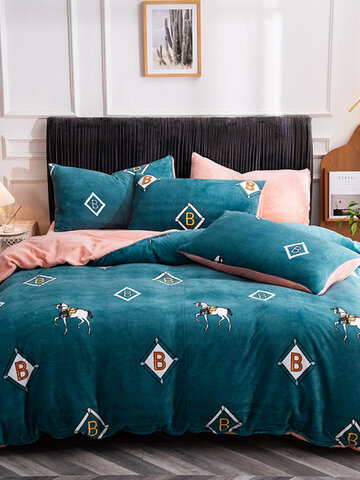 4PCS Warm And Plus Thick Velvet Print Horse Knight Badge Pattern Bedding Sets Quilt Cover Bedspread Sheet Pillowcase