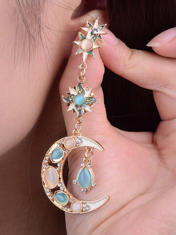 Asymmetric Opal Sun Moon Star Earrings