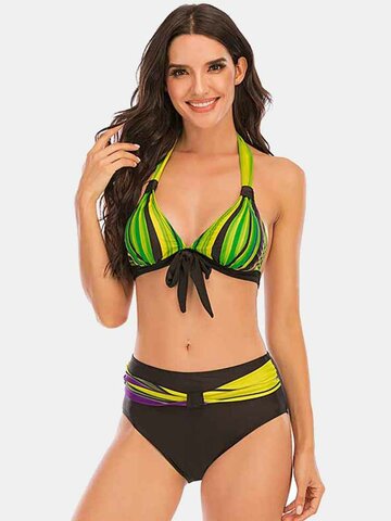 Plus Size Colorful Stripe Halter Bikinis